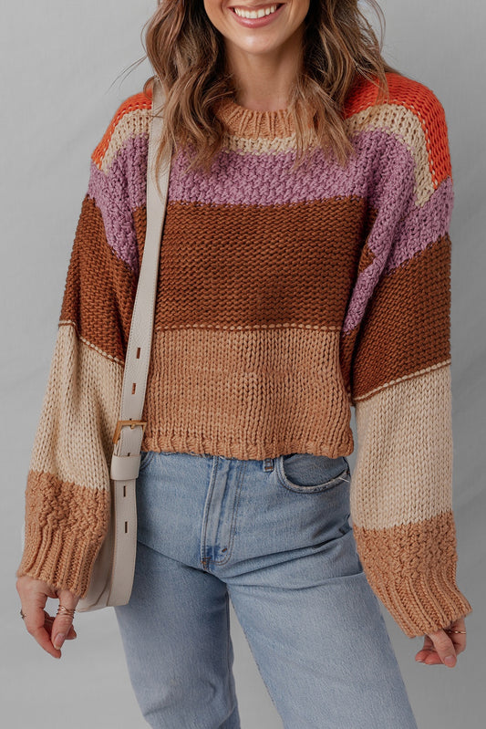 Cropped Colorblock Drop Shoulder Knitted Sweater
