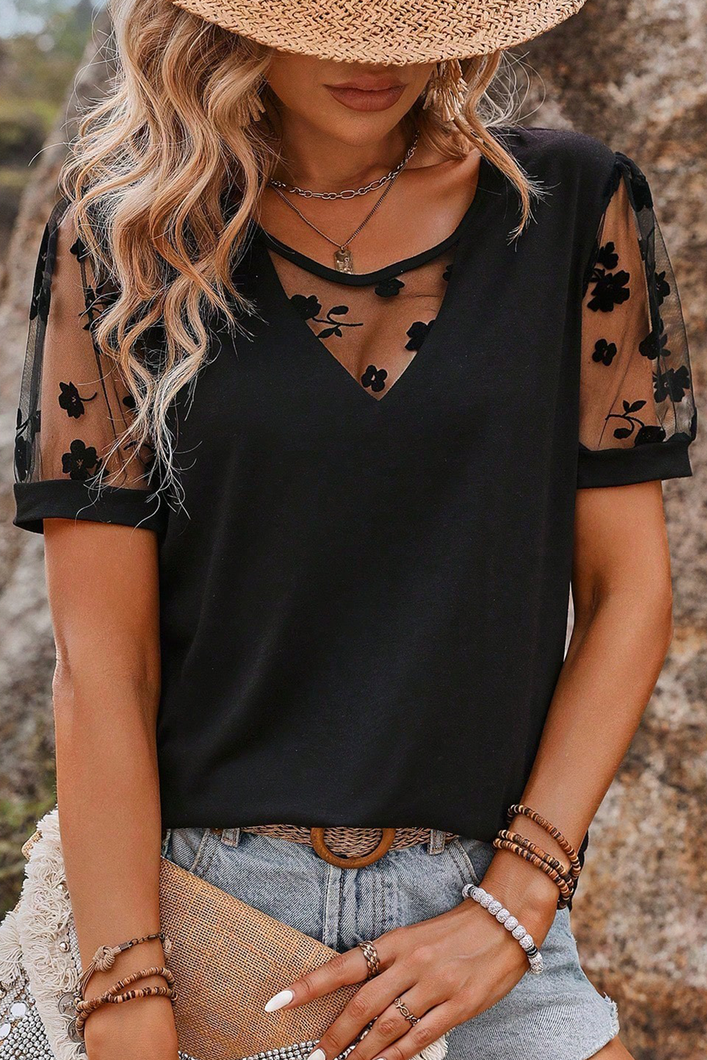 Flora Lace Patchwork Crew Neck T Shirt
