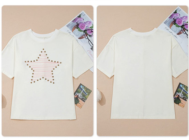 Beige Star Print Stud Detail Cotton Jersey Top