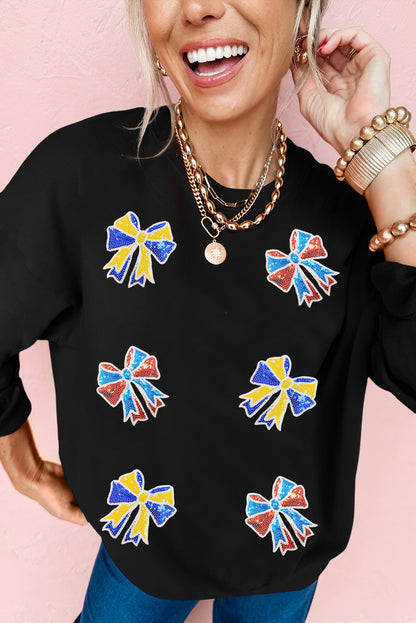Shimmering Bow Patched Pattern Game Day Sweatshirt