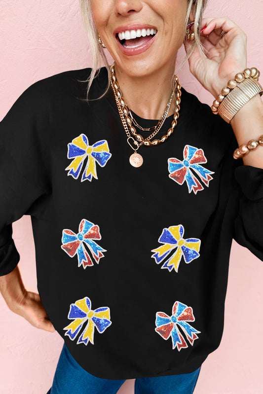 Shimmering Bow Patched Pattern Game Day Sweatshirt