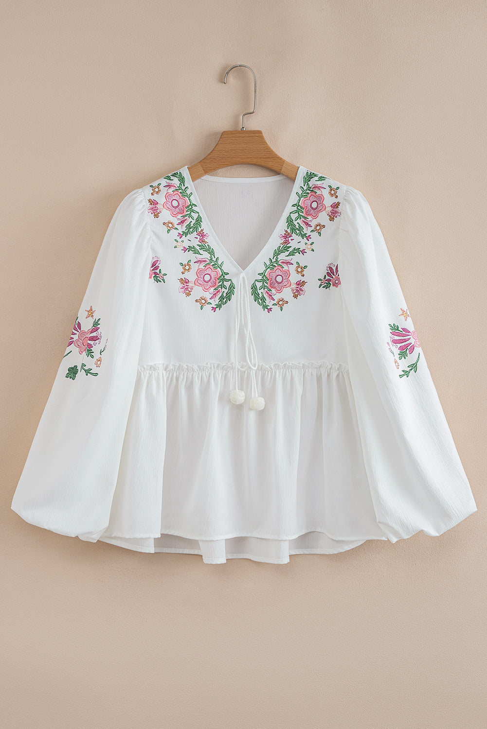 Flower Lace-up V Neck Babydoll Blouse