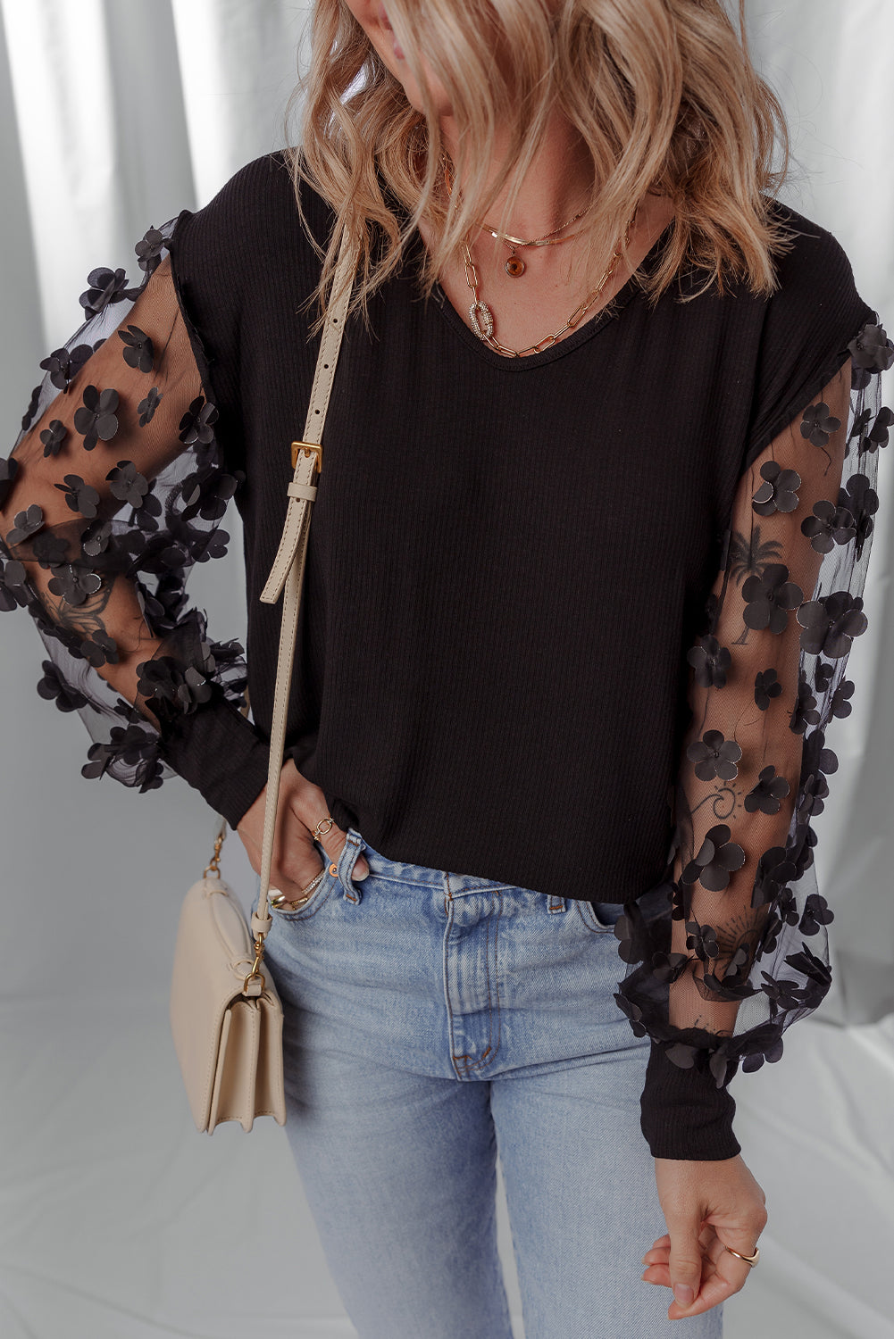 Flower Applique Mesh Long Sleeve V Neck Blouse