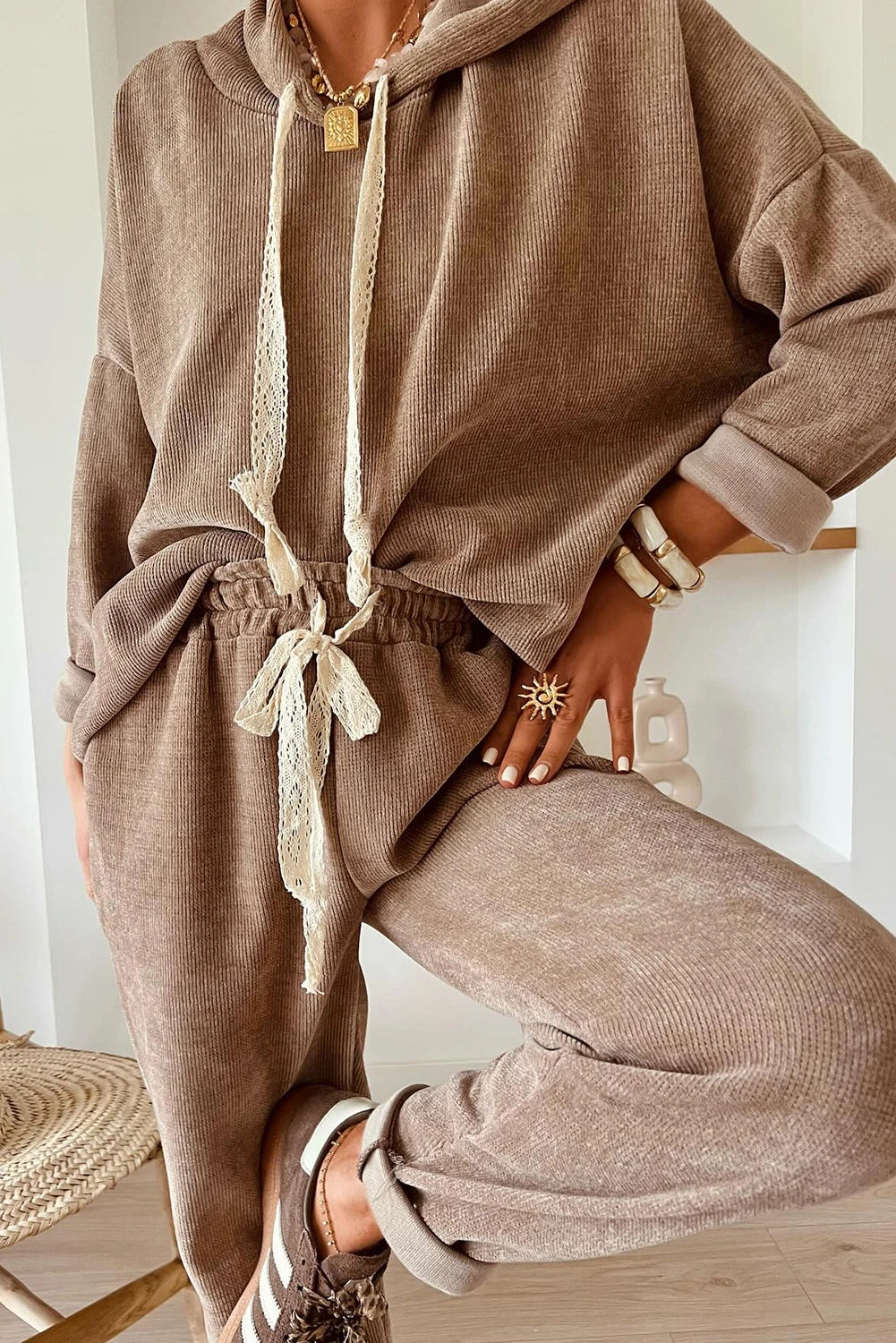 Hoodie and High Waist Pants Corduroy Suit