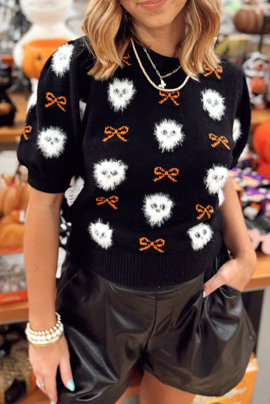 Short Puff Sleeve Bow Knot Plush Skeleton Halloween Sweater