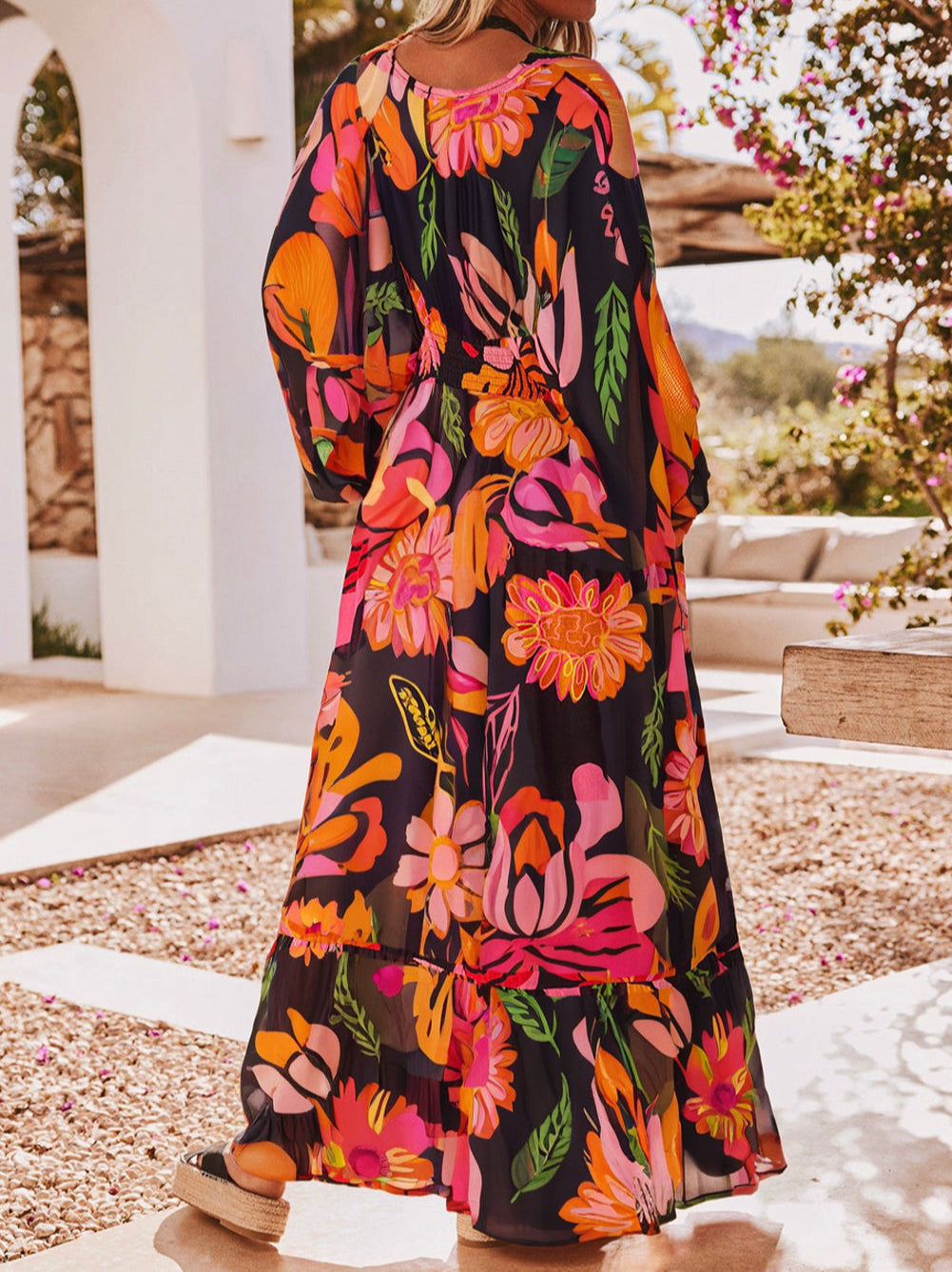 Floral Print Smocked Detail V Neck Puff Sleeve Flowy Maxi Dress