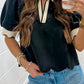 Scallop Trim Color Block Long Sleeve Collared Top