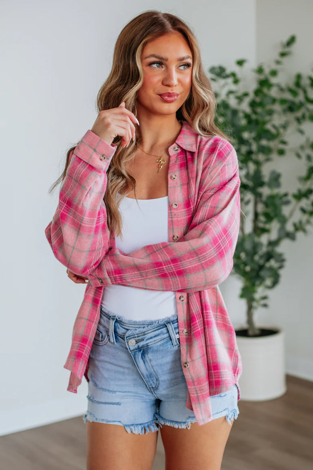 Plaid Print Rounded Hem Long Sleeve Shirt with Pockets