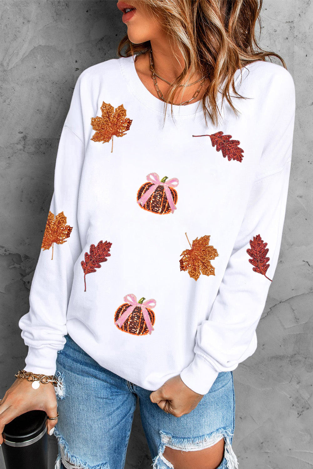 Fall Leaf Bow Pumpkin Sequin Patched Baggy Sweatshirt