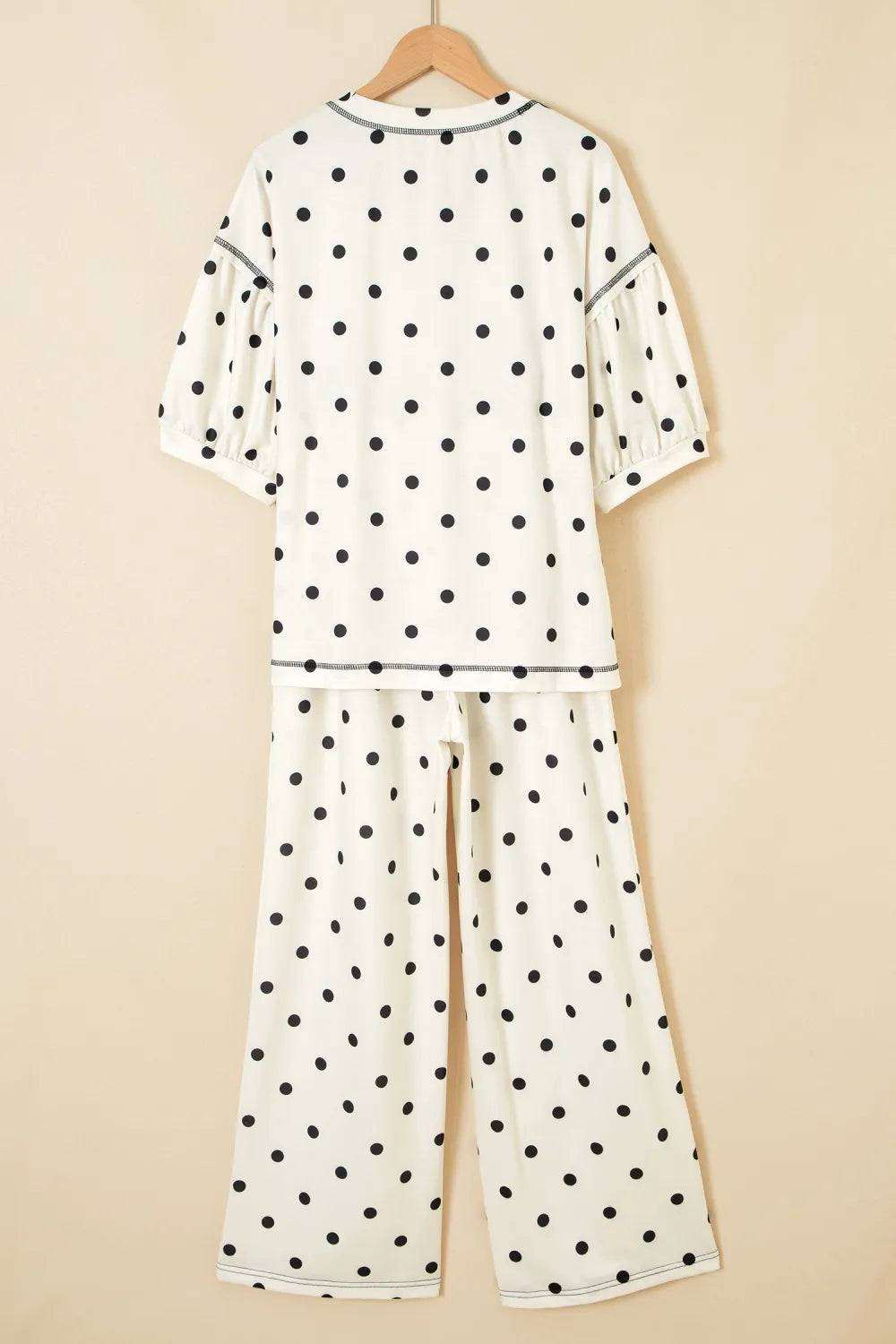 Beige Polka Dot Half Sleeve Loose Top Elastic Waist Casual Pants Set