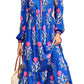 Floral Print Striped Trim Split Neck Long Sleeve Ruffle Hem Midi Dress