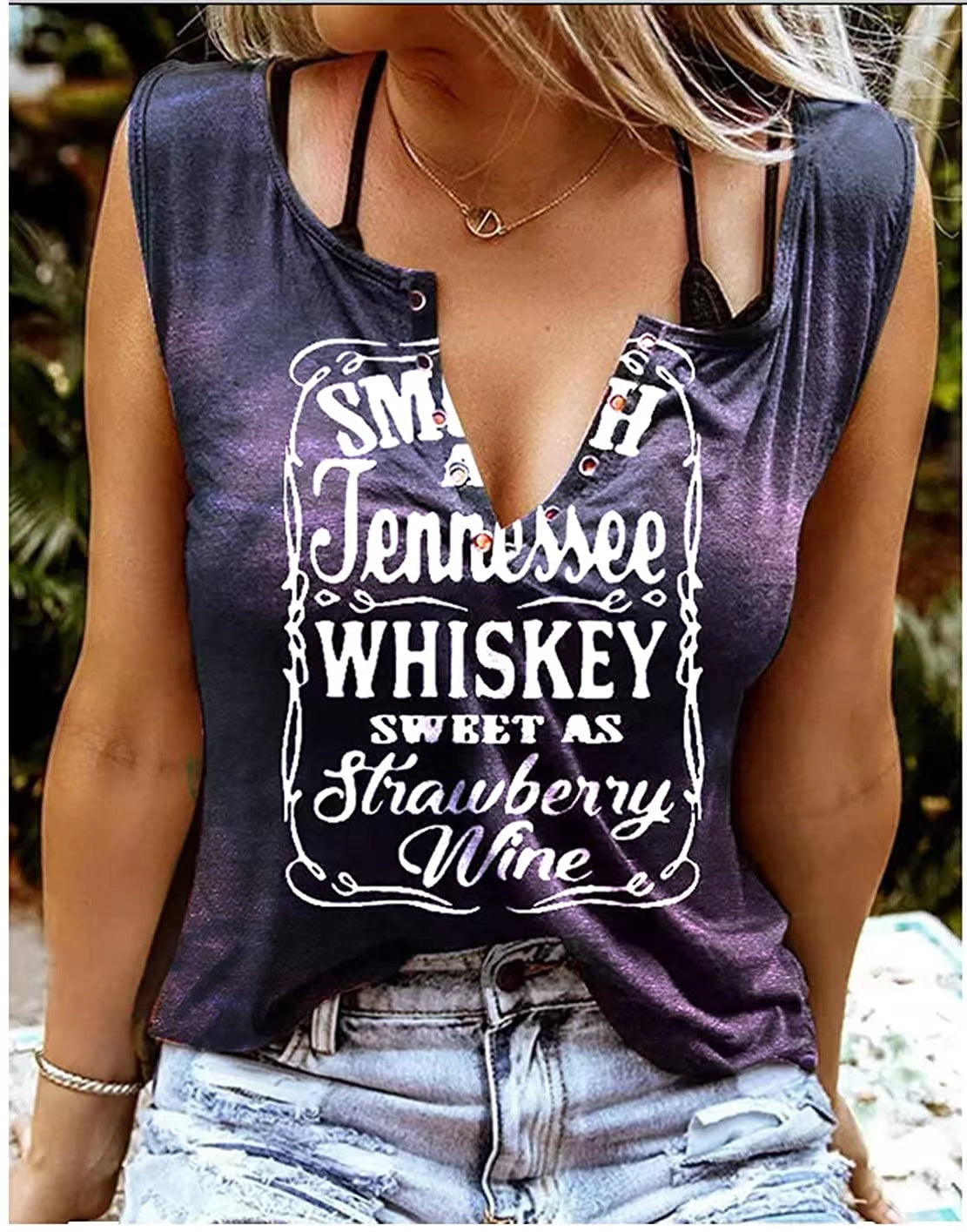 Printed V-neck Sleeveless T-shirt