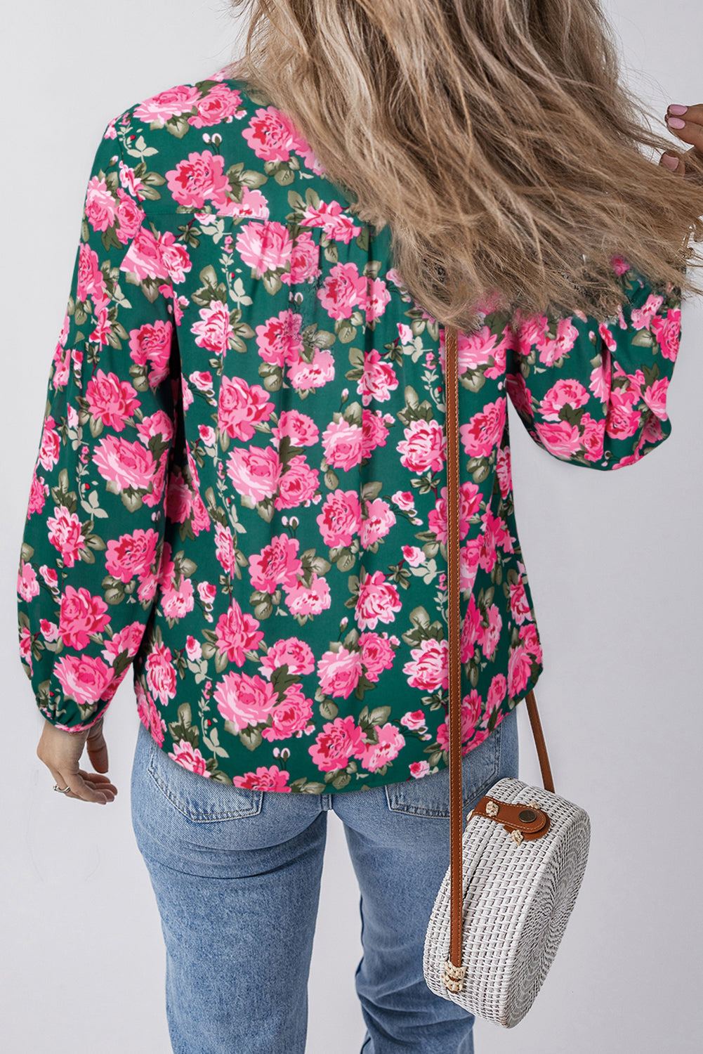 Floral Printed Tied Collar Puff Sleeve Blouse