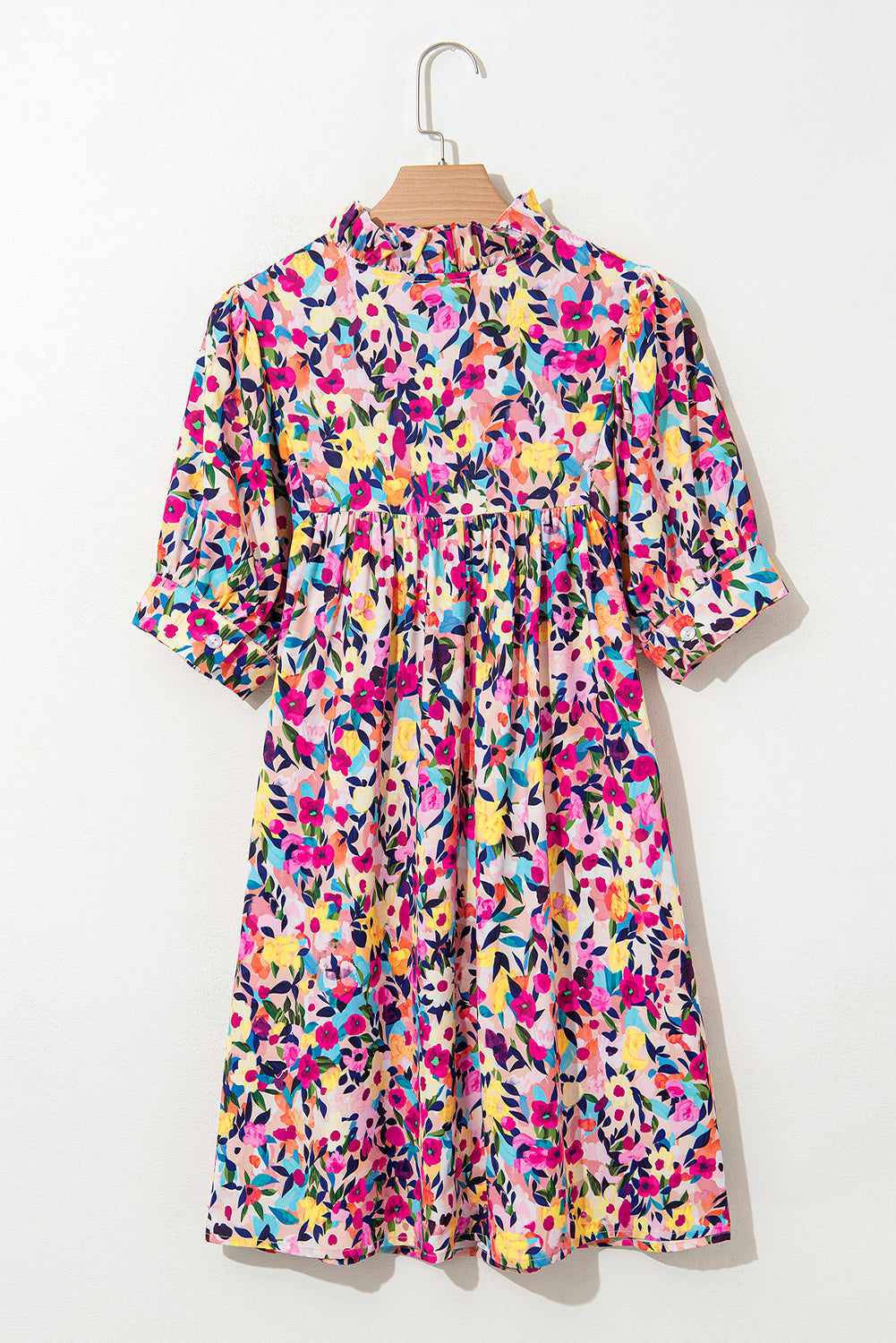 Floral Puff Short Sleeve V Neck Mini Dress