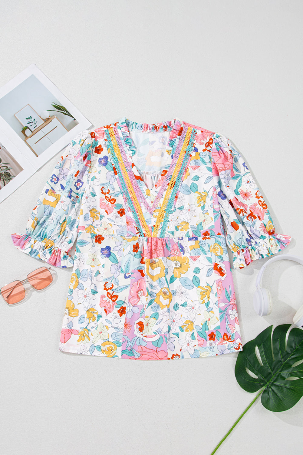 Boho Flower Print Half Puff Sleeve Blouse