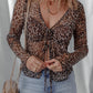 Leopard Sheer Mesh Long Sleeve V Neck Lace-up Blouse