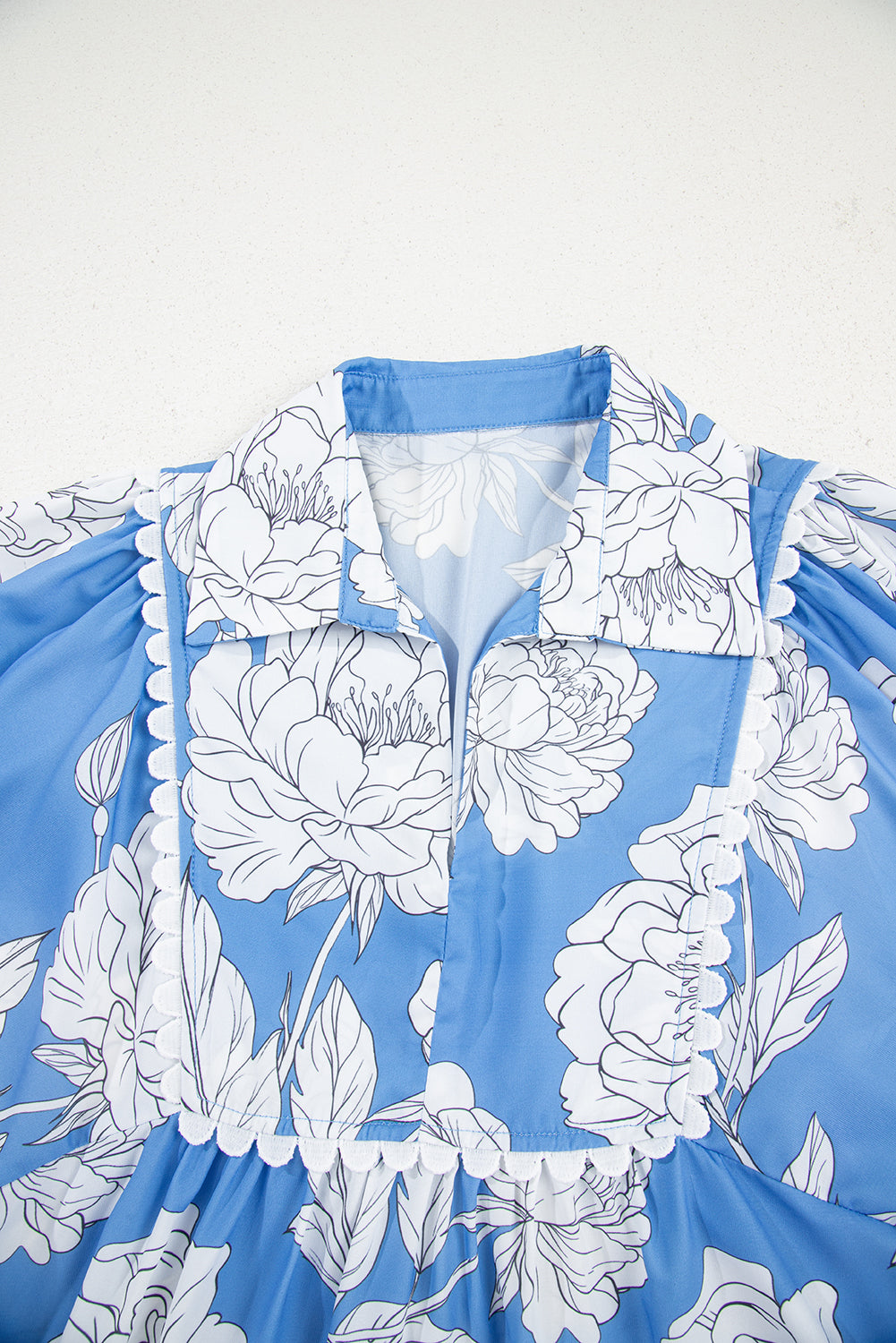 Floral Ricrac Trim Collared Puff Sleeve Loose Blouse