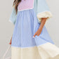 Striped Patchwork Ric Rac Puff Sleeve Collared Mini Dress
