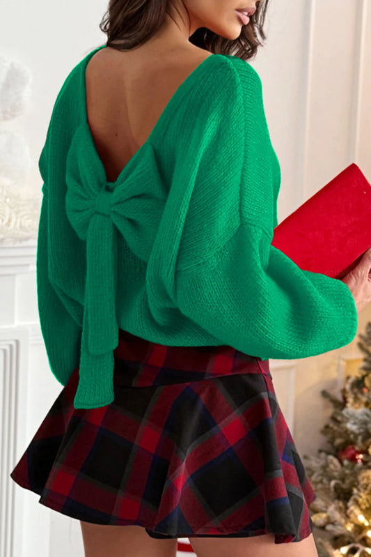 Bow Backless Bubble Sleeve Sweater