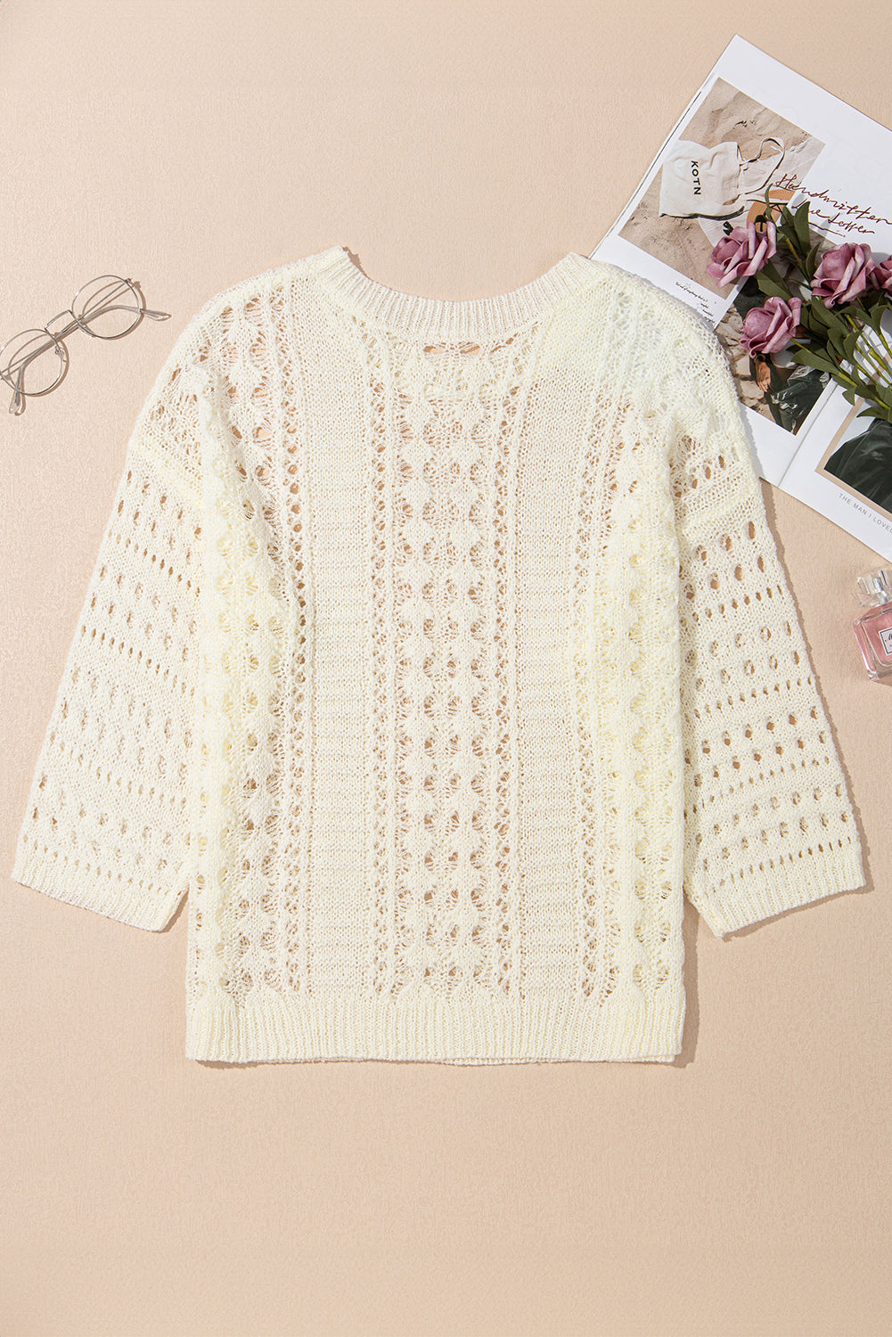 Hollow Out Knit Bracelet Sleeve Drop Shoulder Sweater
