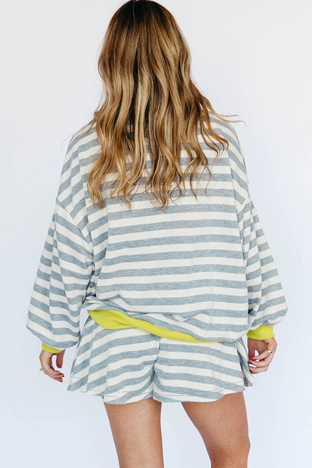 Contrast Ribbed Banding Long Sleeve Blouse Loose Shorts Set