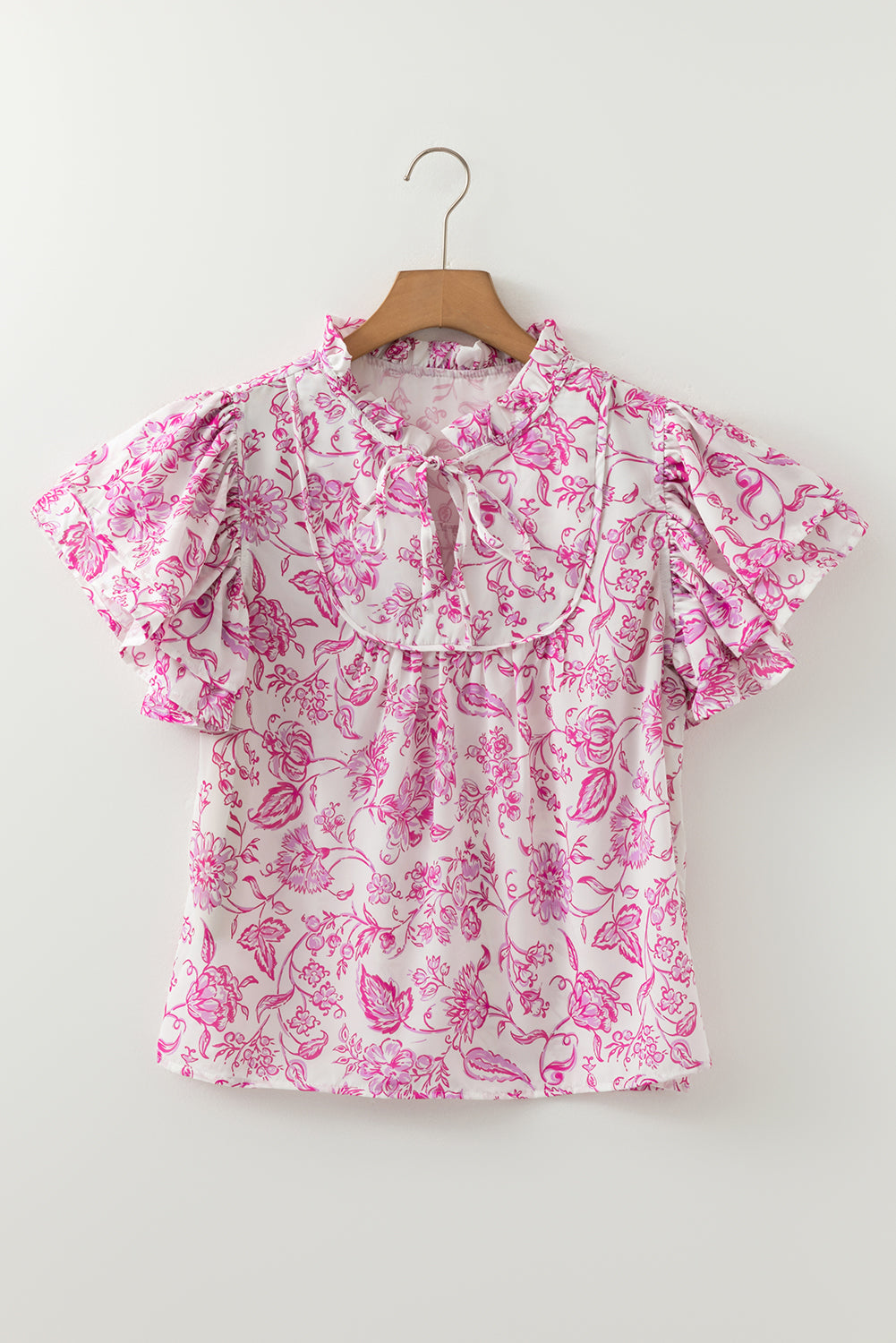 Baroque Floral Ruffle Sleeve V Neck Blouse Top