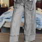 Drawstring Seam Detail Raw Hem Wide Leg Denim Pants