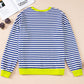 Striped Contrast Ribbed Trim Crossed Stitch Drop Shoulder Sweatshirt