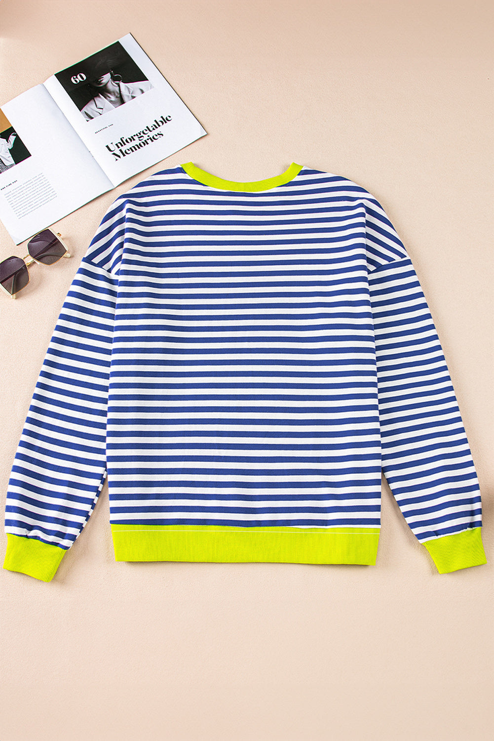 Striped Contrast Ribbed Trim Crossed Stitch Drop Shoulder Sweatshirt