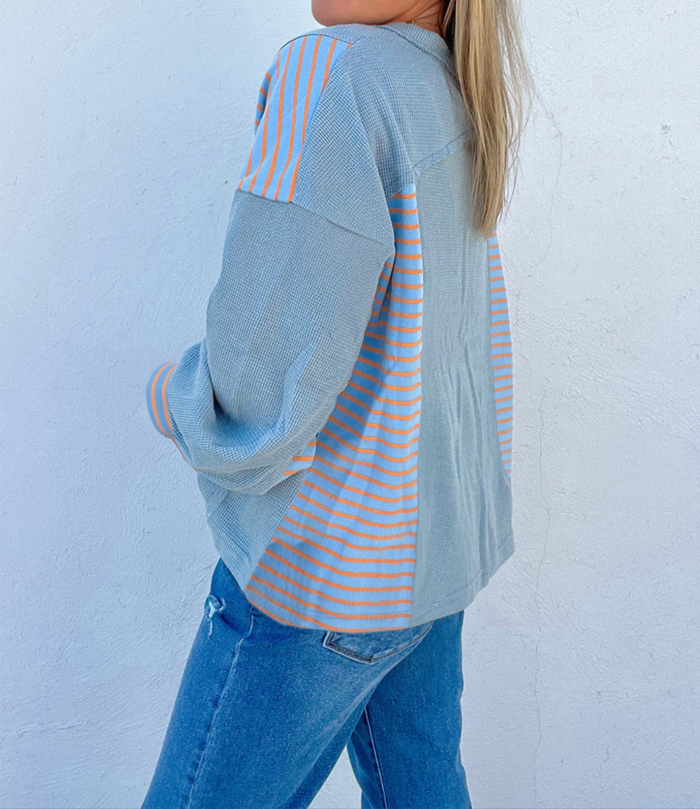 Waffle Striped Patchwork Baggy Pullover