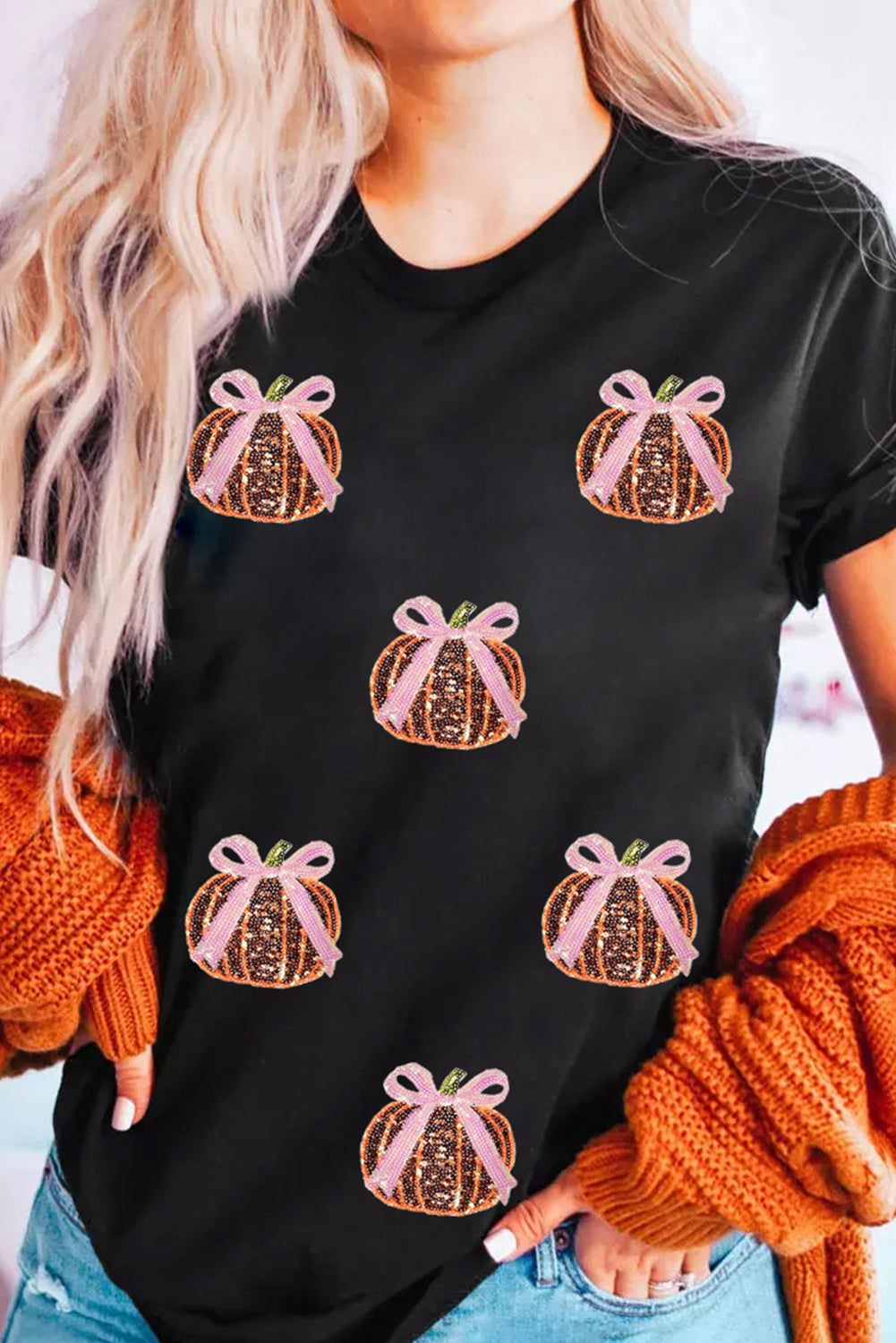 Sequin Bow Pumpkin Patched Cotton Blend T Shirt