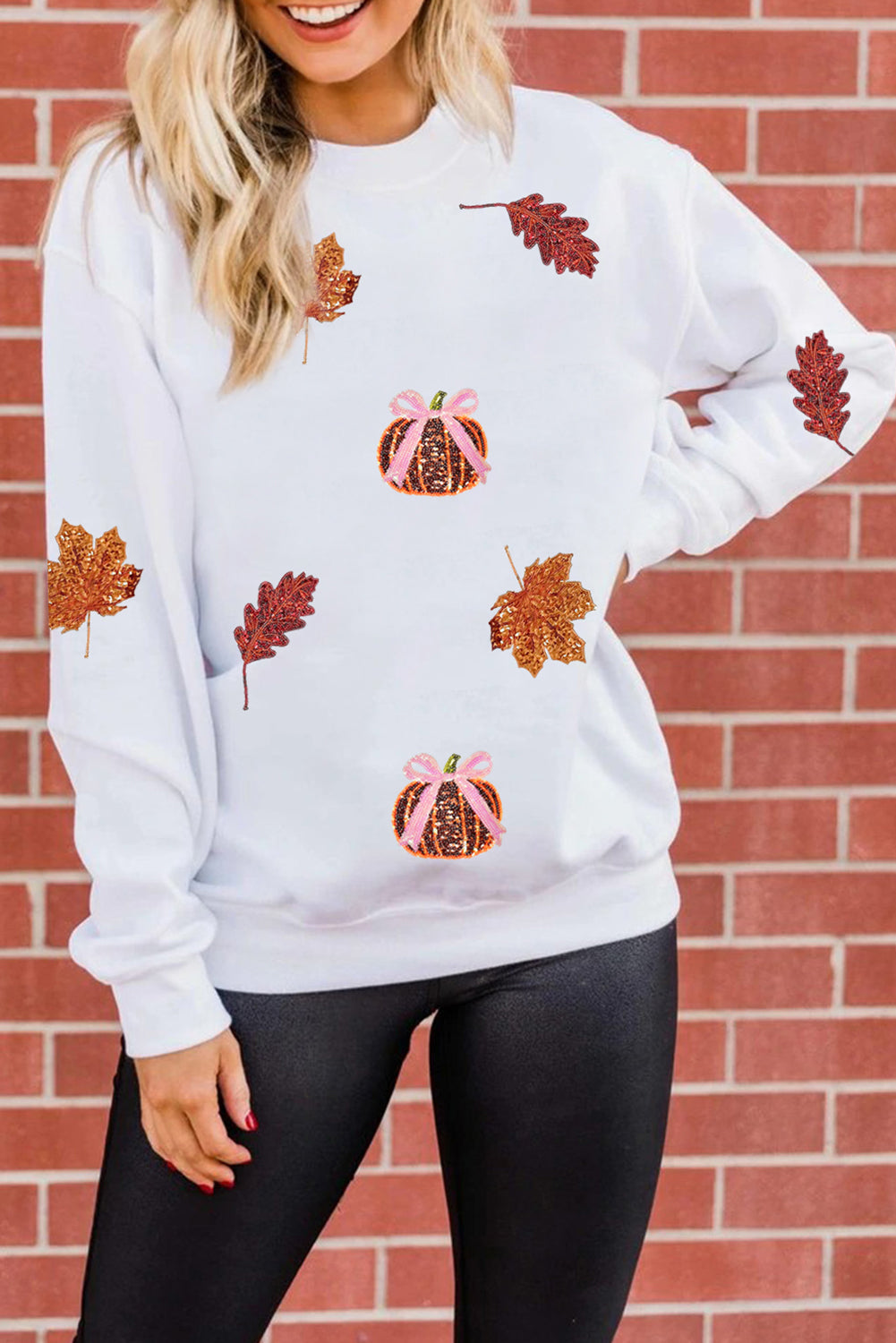 Fall Leaf Bow Pumpkin Sequin Patched Baggy Sweatshirt