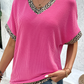 Leopard Patchwork Corded Texture V Neck T Shirt