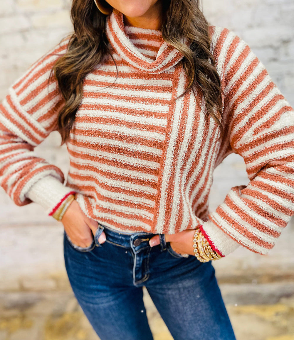 Stripe Cowl Neck Drop Shoulder Sweater