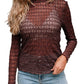 Sheer Mesh Patterned Lettuce Trim Slim Long Sleeve Top