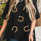 Western Shiny Horseshoes Pattern High Low Hem Casual T Shirt