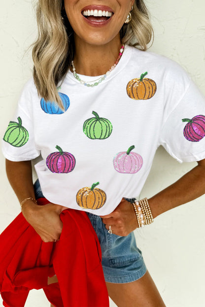 Sequin Pumpkin Patched Cotton Blend T Shirt