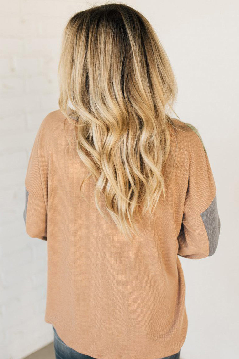 Color Block Thermal Textured Knit Drop Shoulder Henley Top