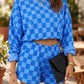 Dark Blue Plaid Checkered Long Sleeve Crop Top Elastic Waist Shorts Two Piece Set