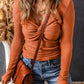 Textured Twist Front V Neck Long Sleeve Slim Solid Color Top