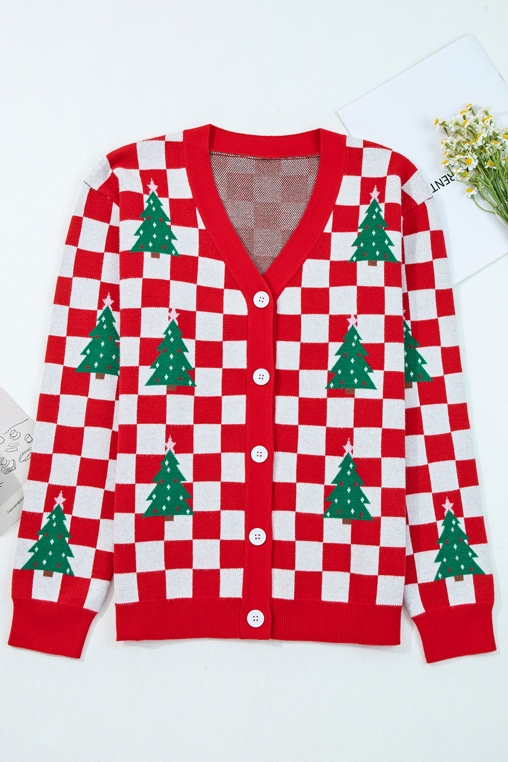 Christmas Tree Pattern Button V Neck Cardigan Sweater
