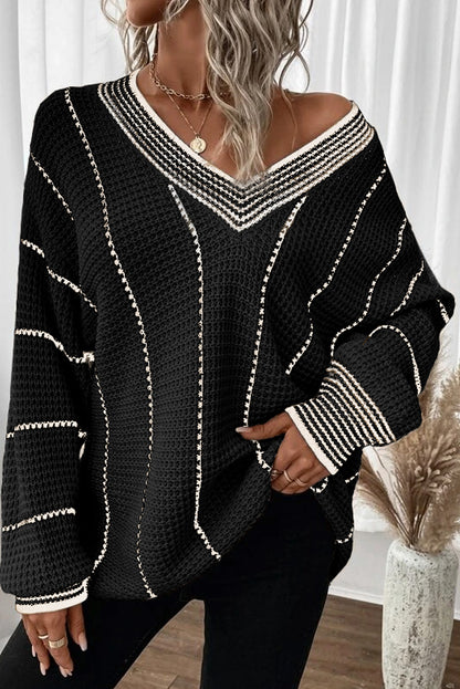 Striped V Neck Knitted Sweater