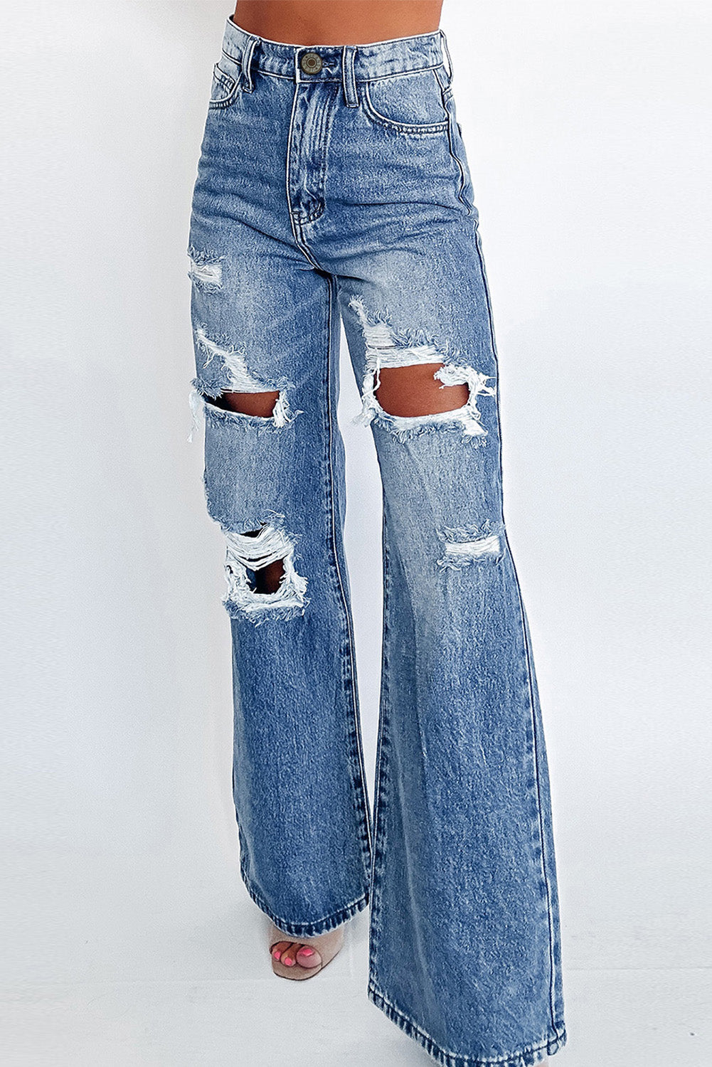 Wash Distressed Wide Leg Jeans