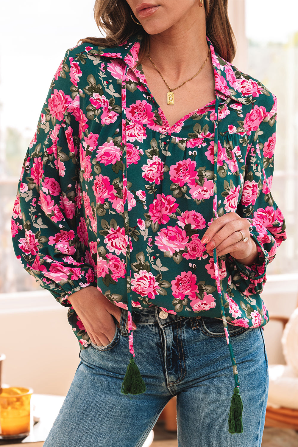 Floral Printed Tied Collar Puff Sleeve Blouse