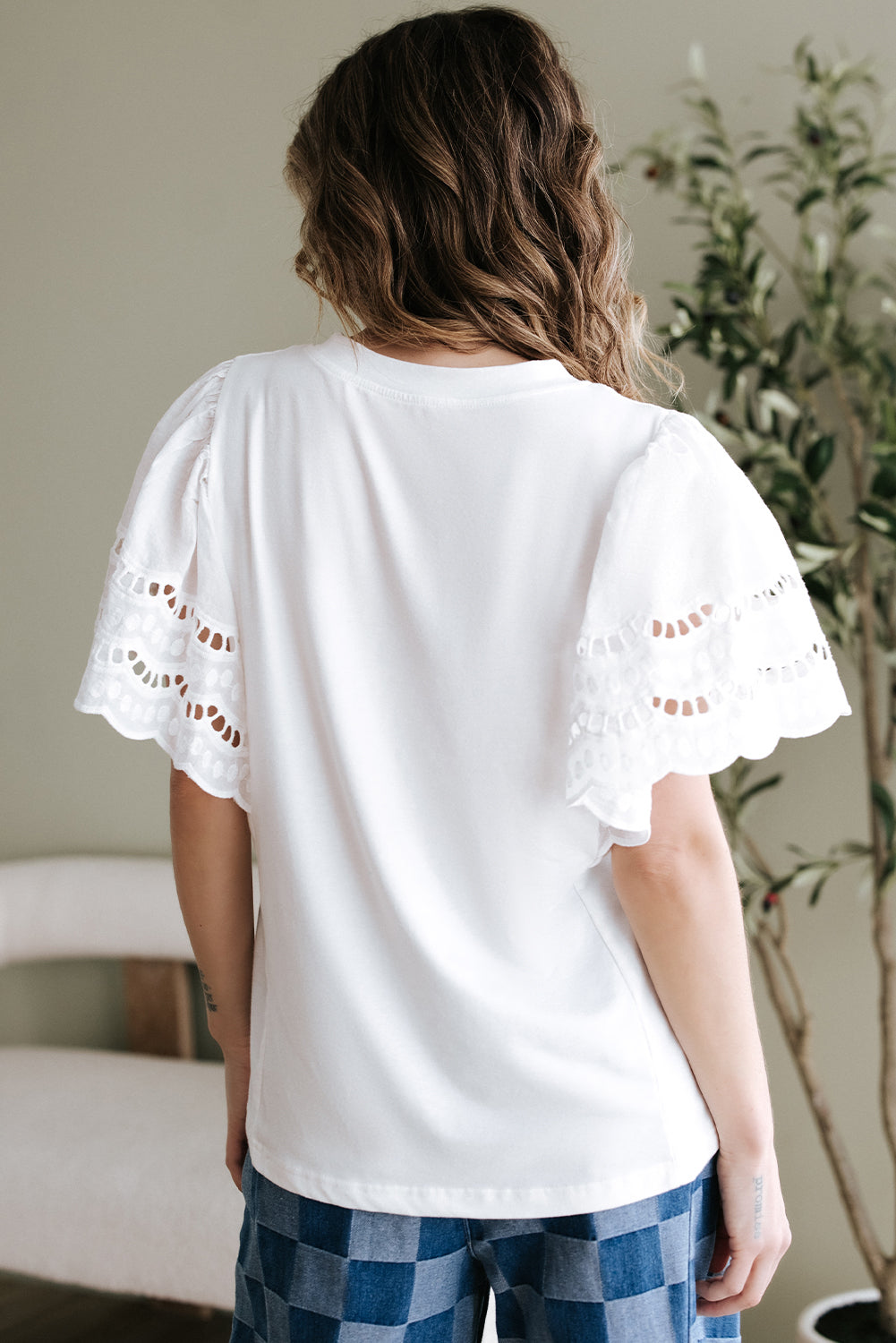 Hollow Out Embroidered Short Sleeve O Neck Top