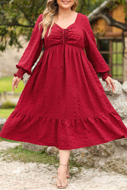Lace-up Ruched Front Long Sleeve Ruffle Hem Plus Size Midi Dress