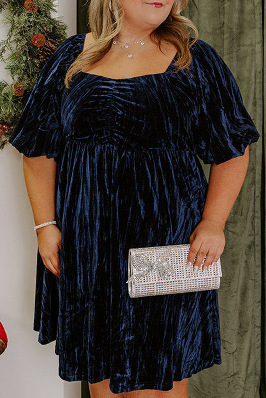 Velvet Ruched Bust Square Neck Short Puff Sleeve Plus Dress