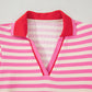 Green Stripe Print Contrast Collar Split Neck Flutter Sleeve Short Dress
