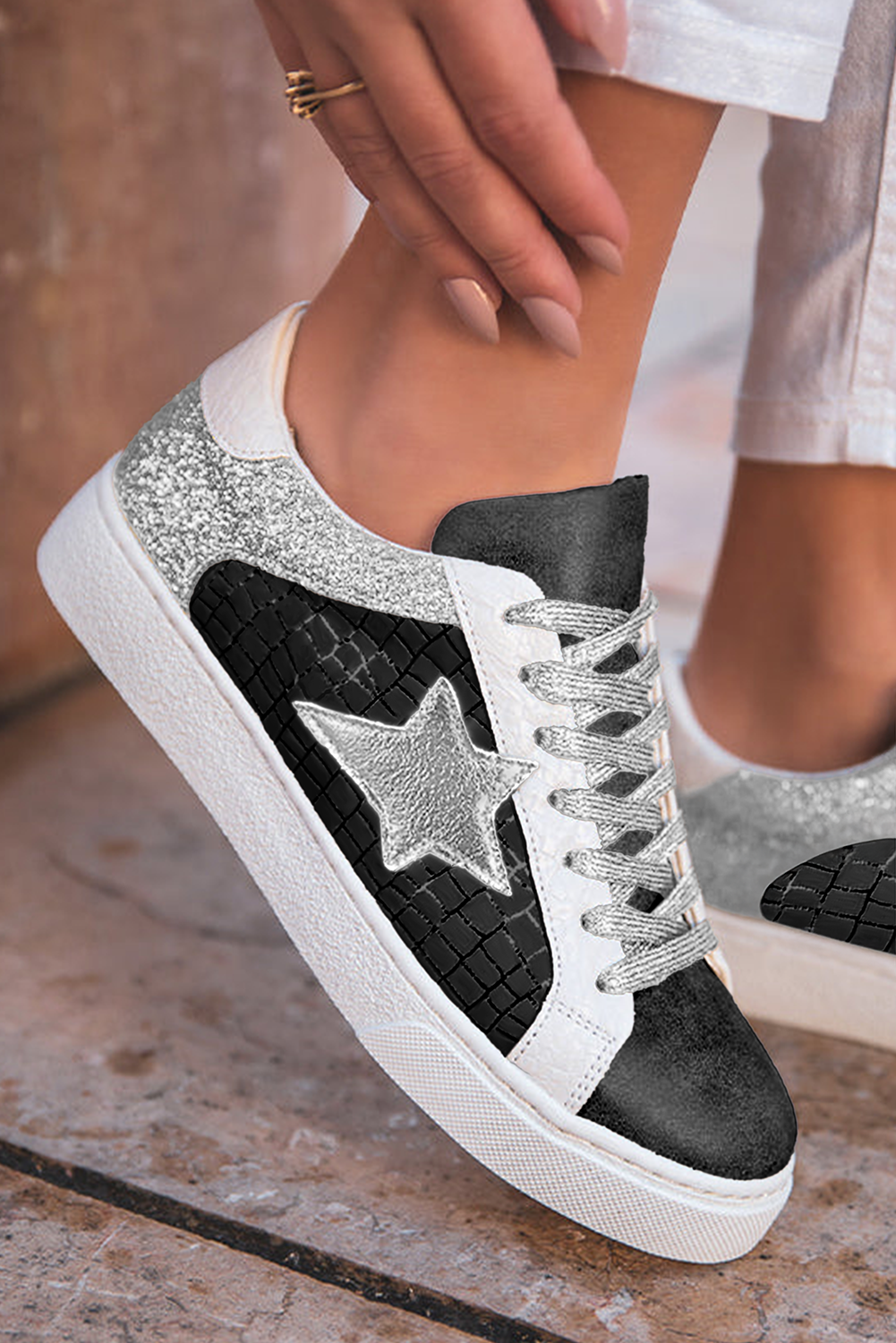 Star Patchwork Sequined Lace-up Sneakers