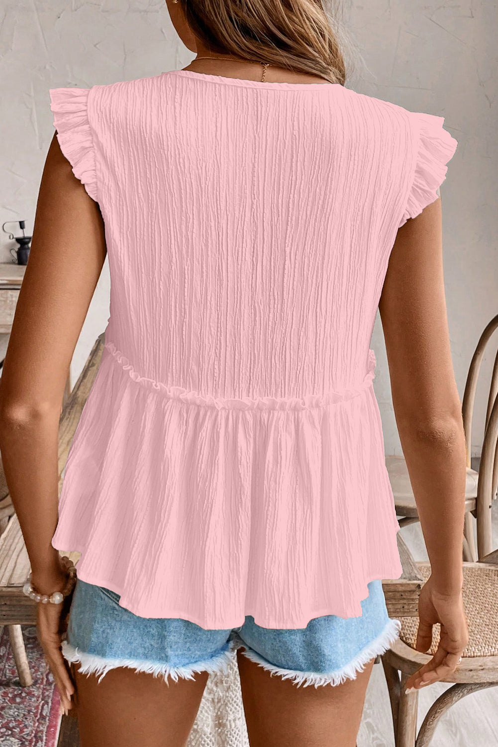 Textured Ruffled Trim V Neck Flutter Flowy Top